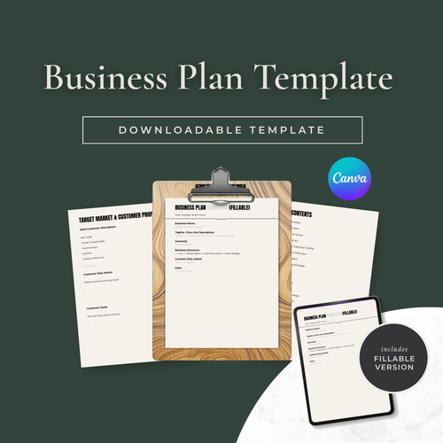 Business plan template on a clipboard with Canva logo and text about downloadable and fillable versions.
