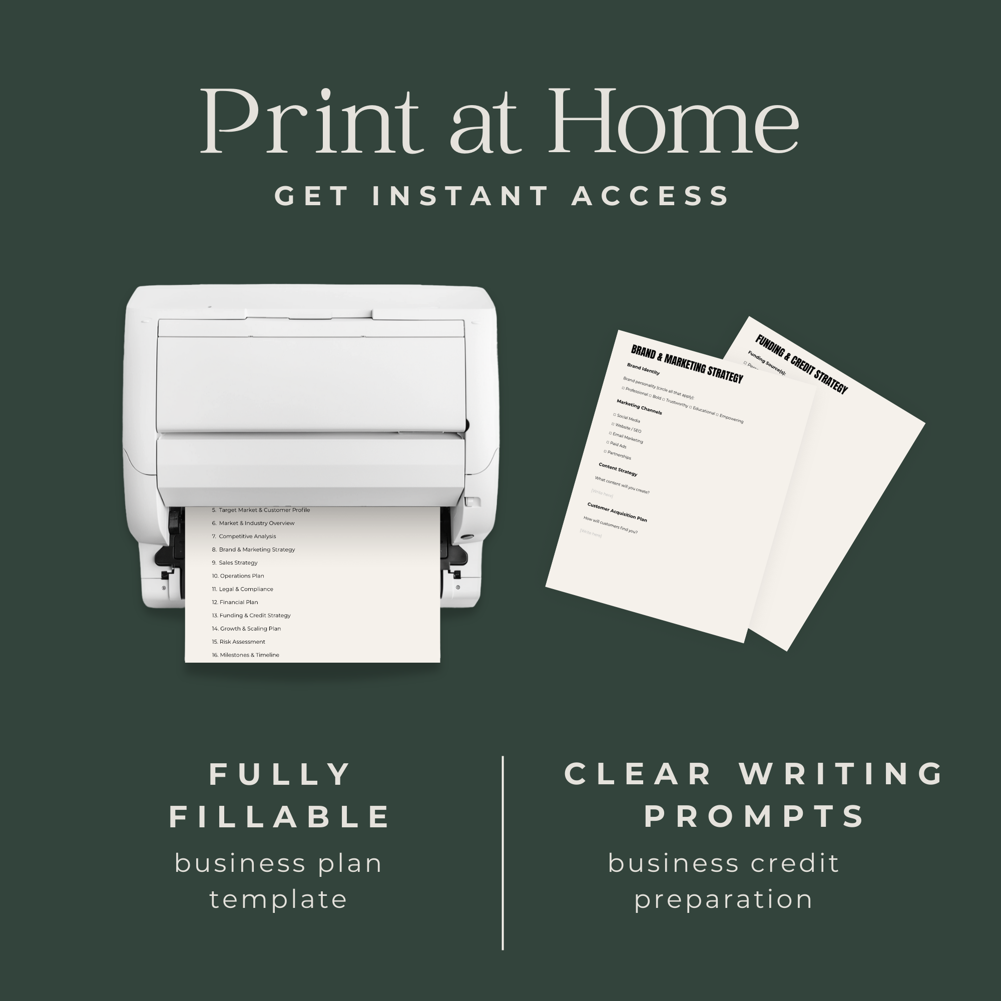 Printer with printed documents on a dark green background, promoting print-at-home services.