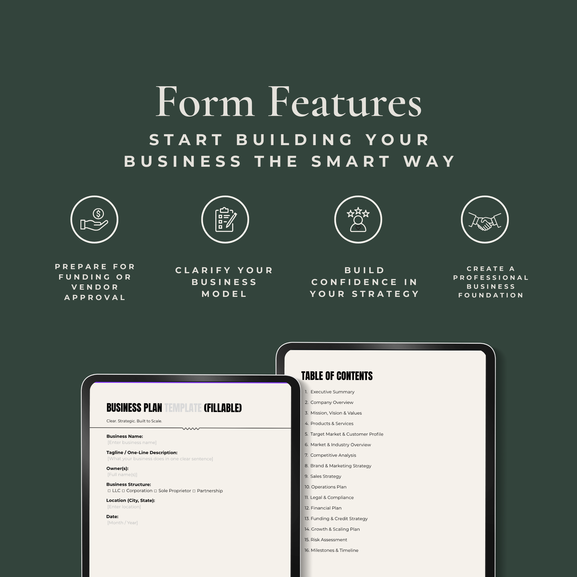 Promotional graphic for business planning software with tablet displaying a business plan template.